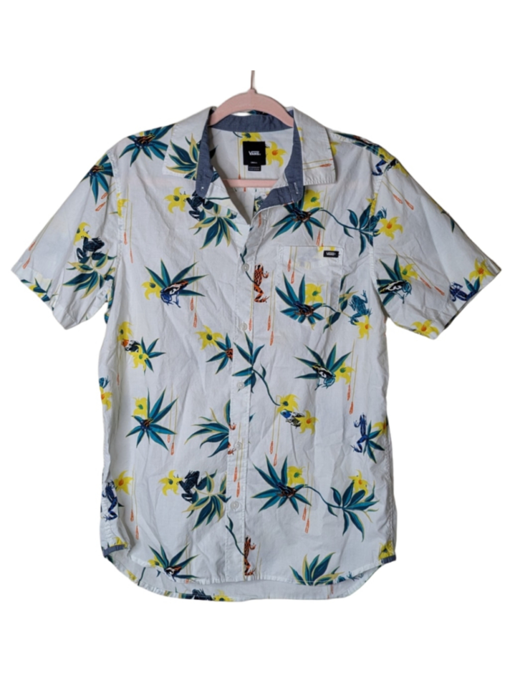 Men's Vans Skateboarding Button Down Short Sleeve Shirt S White Blue Frog Print